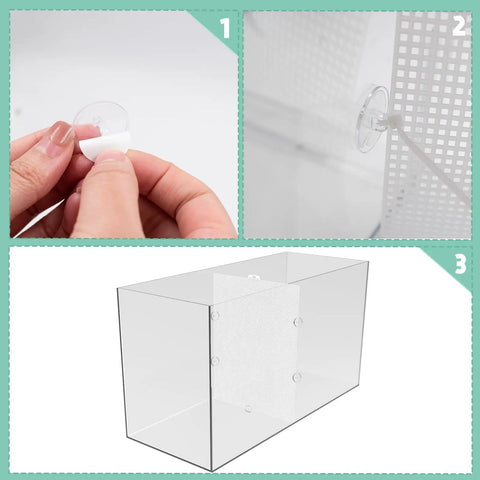Two Heavy Duty Plastic Fish Tank Dividers With Grip Tight Self Adhesive Hooks And Quick Release Cable Ties for easy installation steps.