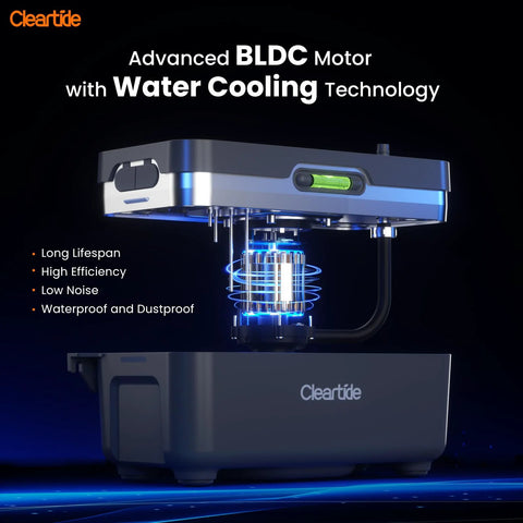 Cleartide condensate pump, front view; gray unit with water-cooled BLDC motor and Cleartide logo