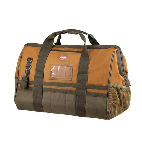 Gatemouth 20 Inch Tool Bag Brown With Wide Zip Opening And 36 Pockets Front Tech Pocket For Tablet Rugged Webbing Handles Built To Last