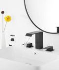Matte Black Waterfall Bathroom Faucet, Widespread 3 Hole 2 Handle Modern Sink Faucet With Pop Up Drain, water flowing