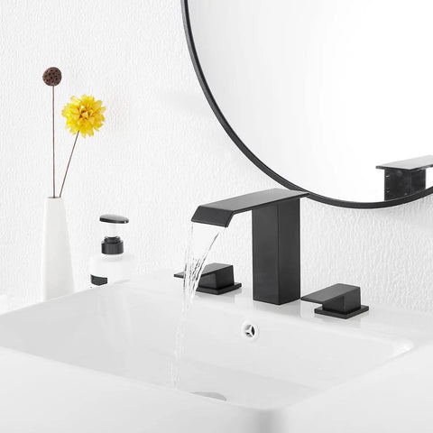 Matte Black Waterfall Bathroom Faucet, Widespread 3 Hole 2 Handle Modern Sink Faucet With Pop Up Drain, water flowing