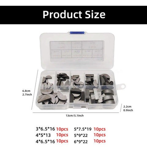 Pro Grade Engine Key And Half Moon Wedge Set In Storage Box with Carbon Steel Spring Wedges; durable for workshop use.