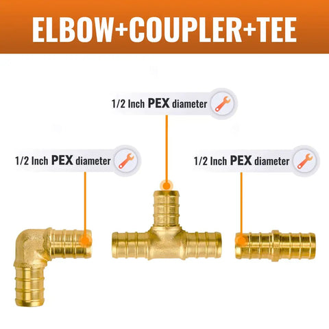 Half Inch PEX B Fittings Set 45 Piece Plumbing Kit With 15 Elbows 15 Tees And 15 Couplings Lead Free Brass Drinking Water Safe