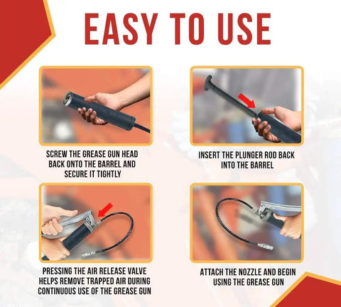 Four steps showing how to use the Two Pack Lever Action Grease Gun Set Heavy Duty 10000 PSI with 18 Inch Whip Hose Aluminum Cast Head
