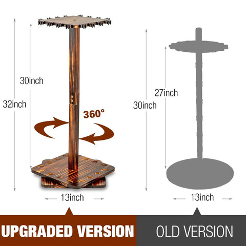 Wooden 360 Degree Rotating Fishing Rod Rack Holds Up To 16 Rods, Garage Tackle Storage Cart with dimensions shown.