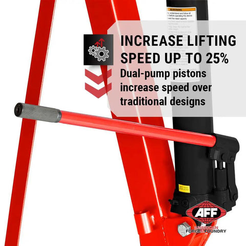 Rock Solid Two Ton Folding Engine Crane For Heavy Duty Garage Days showing dual-pump piston mechanism for faster lifting.