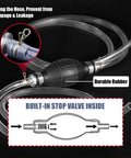 Close-up of Straight Up Heavy Duty Hand Fuel Transfer Pump, showing built-in stop valve and durable rubber connectors for secure use.