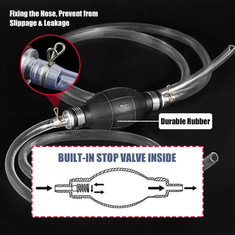 Close-up of Straight Up Heavy Duty Hand Fuel Transfer Pump, showing built-in stop valve and durable rubber connectors for secure use.