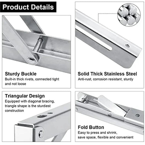 Stainless Steel Folding Shelf Brackets Set Of Four Wall Mounted Heavy Duty Collapsible Table Hinges product details displayed