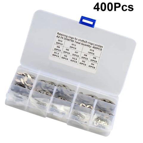 400 Pcs Stainless Steel Retaining Ring Set M1.5 To M15 E Shaped Snap Ring Kit in plastic case, oil and wear resistant