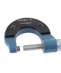 Outside Micrometer 0-25mm With 0.01mm Grad Ratchet Stop Handy Pro Grade Machinist Tool, satin chrome finish, close-up view.