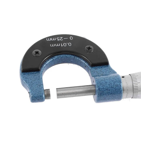 Outside Micrometer 0-25mm With 0.01mm Grad Ratchet Stop Handy Pro Grade Machinist Tool, satin chrome finish, close-up view.