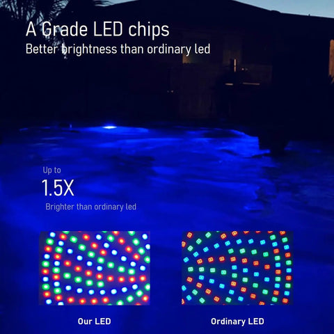 Color Changing LED Pool Light Bulb For Inground Pools 120V 40W PRO with LED chip comparison showing brightness difference at night