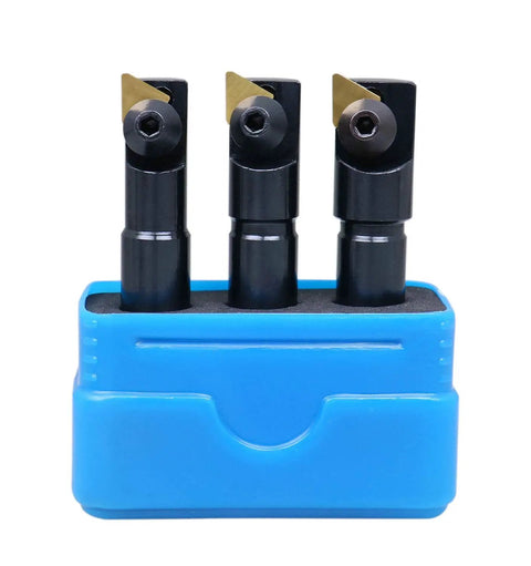 Three Piece Miniature Indexable End Mill Set With One Half Inch Shank And Three Inch Overall Length Includes One Half Inch, Nine Sixteenths Inch And Five Eighths Inch Cutters With Installed TPG22 Inserts In A Fitted Case