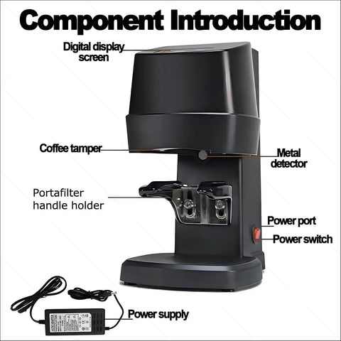 Professional Automatic Espresso Tamper With Adjustable Height Stand showing digital display, portafilter holder, and metal detector.