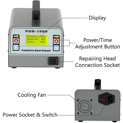Front and side view of Paintless Dent Removal Kit For Cars With Induction Heater Hotbox Auto Dent Puller Tools For Dents