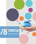 Hand holding 3/8 inch circle paper punch against colorful background for quick no fuss circle cuts, great for scrapbooking and craft projects.
