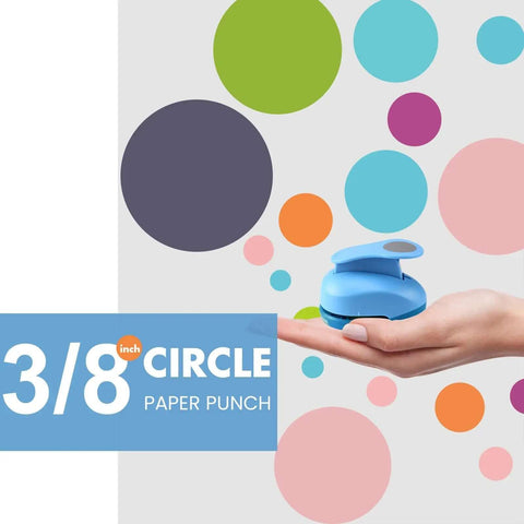 Hand holding 3/8 inch circle paper punch against colorful background for quick no fuss circle cuts, great for scrapbooking and craft projects.