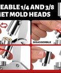 Grommet Kit With 1/4 And 3/8 Inch Punches 500 Metal Eyelets Heavy Duty Handheld Eyelet Pliers showing interchangeable mold heads