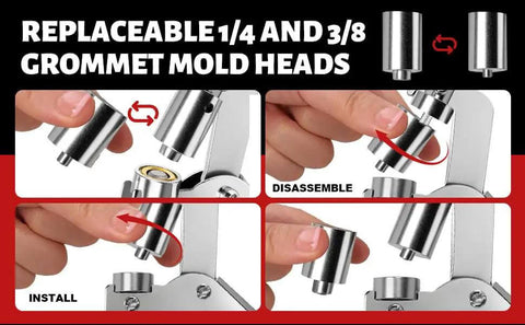 Grommet Kit With 1/4 And 3/8 Inch Punches 500 Metal Eyelets Heavy Duty Handheld Eyelet Pliers showing interchangeable mold heads