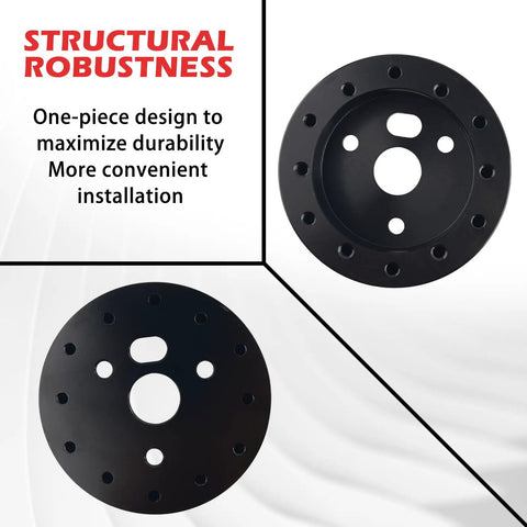 Heavy Duty 10 Piece Steering Wheel Adapter Kit For Quick Bolt Right On 6 To 3 Hole Hub Conversion And One Inch Height Lift With Included Hardware showing robust black adapter plate.