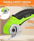 Powerful Cordless Electric Scissors For Heavy Duty Cardboard Cutting With Rechargeable Battery detail of safety lock and power trigger.