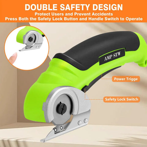 Powerful Cordless Electric Scissors For Heavy Duty Cardboard Cutting With Rechargeable Battery detail of safety lock and power trigger.