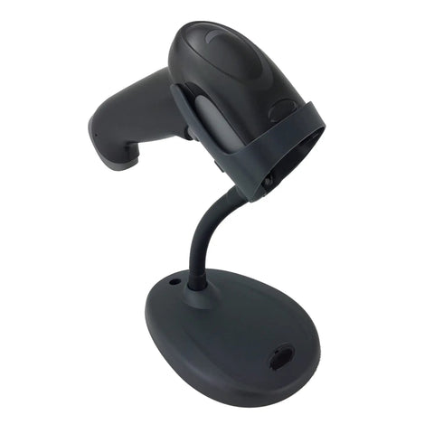 Voyager XP 1470G Handheld Corded Barcode Scanner on stand, includes USB cable, ideal for busy POS environments.