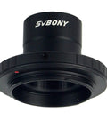 Close-up of Telescope Photo Adapter Kit with T Adapter and T2 Ring for 1.25 Inch Mount shows detailed grooves and threads.
