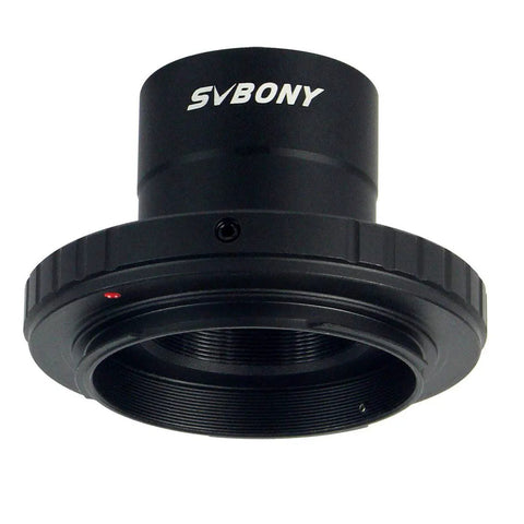 Close-up of Telescope Photo Adapter Kit with T Adapter and T2 Ring for 1.25 Inch Mount shows detailed grooves and threads.