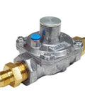 Side view of gas pressure regulator with brass adapters (1/2 to 3/8 inch male threads), silver body, Amazon brand