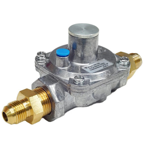 Side view of gas pressure regulator with brass adapters (1/2 to 3/8 inch male threads), silver body, Amazon brand