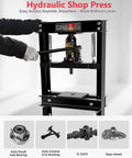 Boss Tier Precision Rated Hydraulic Shop Press With Broad Stamping Plates For Quick Bearing Swaps Tough Garage Builds Black Powder Coated Steel Frame in use, pressing various auto parts.