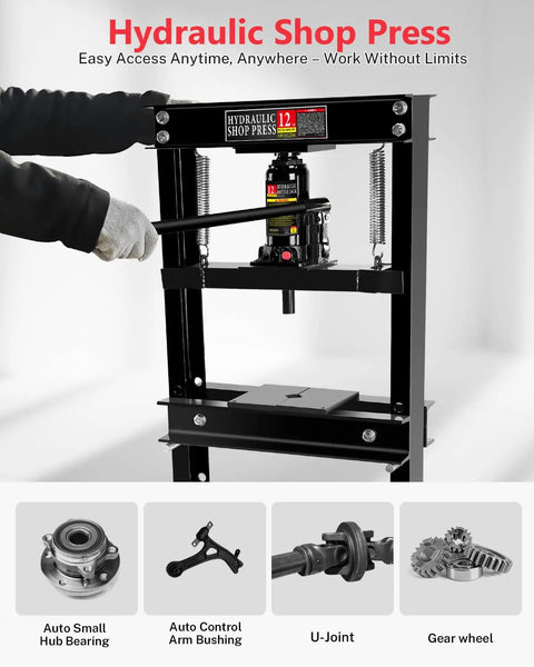 Boss Tier Precision Rated Hydraulic Shop Press With Broad Stamping Plates For Quick Bearing Swaps Tough Garage Builds Black Powder Coated Steel Frame in use, pressing various auto parts.