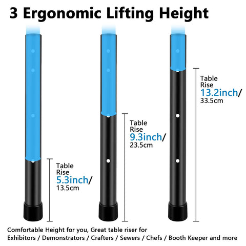 Heavy Duty Folding Table Leg Extenders Pack Of Four, straight riser plates showing 5.3, 9.3, and 13.2 inch adjustable heights.