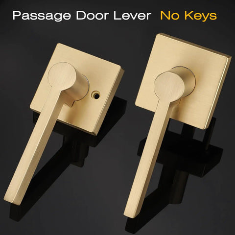 Satin brass square lever passage door handles in gold finish for no-lock easy access; set of two; focus on square design.