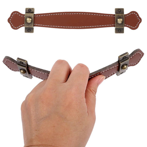 Vintage Leather Trunk Handle Replacement For Cabinets And Drawers, Brown leather cabinet pulls, durable luggage strap style handles.