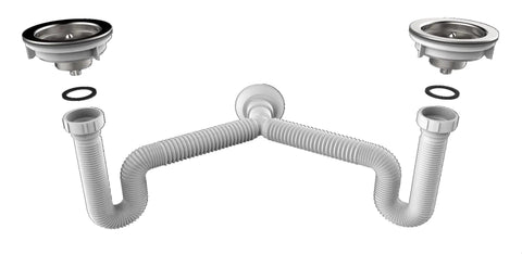 Expandable Flexible P Trap For Kitchen Sink One And A Half Inch With Two Female Threaded Nuts Easy Install Diy Friendly Includes Gaskets And Mounting Brackets Fits Standard Drains And Quick No Fuss Plumbing shown with components disassembled