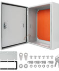 Built To Last Cold Rolled Steel Electrical Enclosure Box 20X16X8 Inch Indoor Outdoor Metal Cabinet With Secure Mounting Plate IP66 Weatherproof Rust Proof Cover, opened view with accessories.