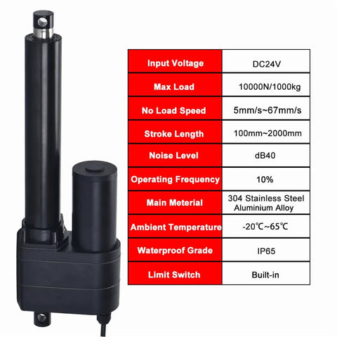 Heavy Duty 10000n Linear Actuator With Quiet Running 24v Electric Lift Motor featuring adjustable telescopic rod and specifications.