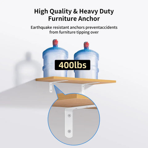 Heavy Duty Wall Mount Anti Tip Furniture Anchors To Keep Dressers And Bookcases Rock Solid And Secure Up To 400 Lbs, white metal bracket with two water bottles.