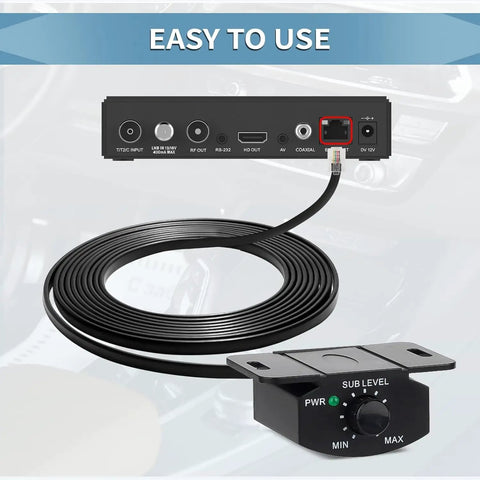 Bass Control Knob With 11.48ft Extension Cable For Car Amplifier Remote Subwoofer Volume Adjuster displayed with a connection cable