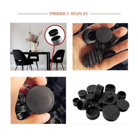 One Hundred Pieces Black Thickened Pipe End Caps Kickass Furniture Chair Leg Covers smooth gliding floor protectors displayed in various angles.