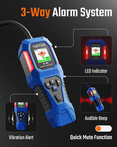 Refrigerant Leak Detector RT 108 With Halogen Ionization Sensor For R134a CFCs HCFCs HFCs HVAC Freon Leak Detection 3 Sensitivity Levels Quick Response And AC Diagnostics Pro Grade Tool, blue handheld unit with LED, beep, and vibration alerts