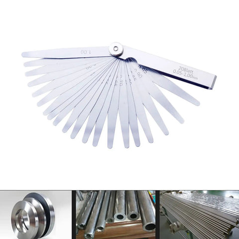 Metric And Standard Feeler Gauge Set Dead Nuts Accurate Stainless Steel Gap Tool For Checking Valve Spark Plug Piston Ring Clearance, displaying gauges from 0.05 to 1.00 mm.