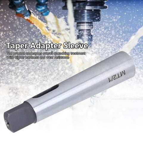 Morse taper reducing adapter sleeve MT2 to MT1, silver metal, for drill press and lathe use.