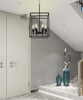 Black Classic Farmhouse 6 Light Pendant Chandelier With Square Cage Shades hanging in modern entryway, dimmable and adjustable height.