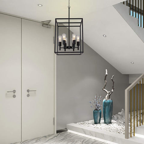 Black Classic Farmhouse 6 Light Pendant Chandelier With Square Cage Shades hanging in modern entryway, dimmable and adjustable height.