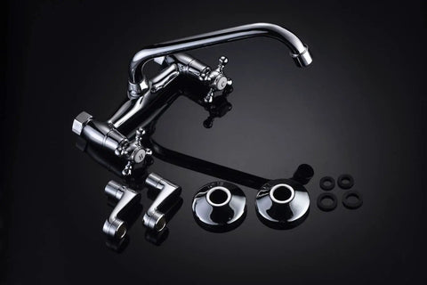 Wall Mount Kitchen Faucet With Adjustable 3 To 9 Inch Spread, 2 Cross Handles, Chrome Finish, 1.8 GPM Flow, Easy DIY Install