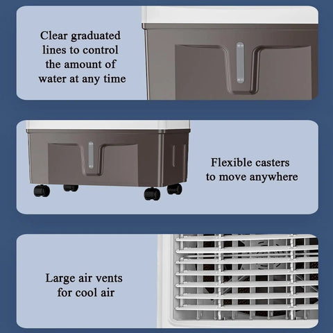 Portable Ice Cooling Evaporative Air Cooler With Three Speed Settings Kills The Humidity And Keeps You Cool As A Cucumber features large air vents and flexible casters.